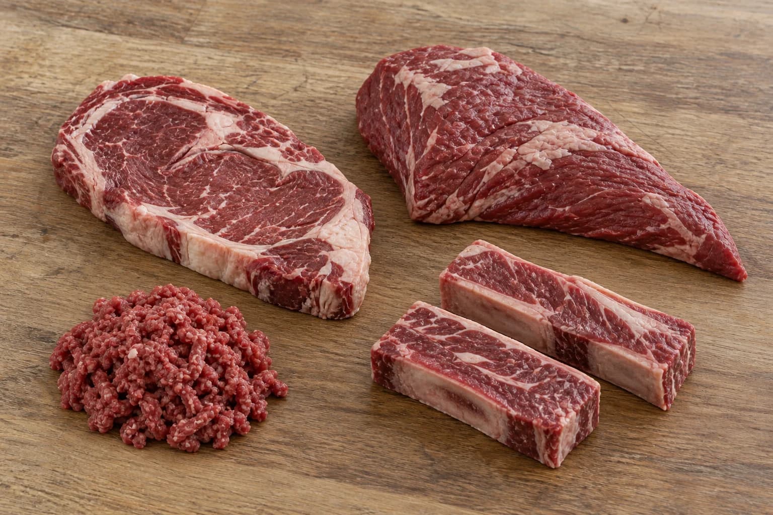 Ribeye, tri-tip, ground beef, and short ribs on a wooden butcher table